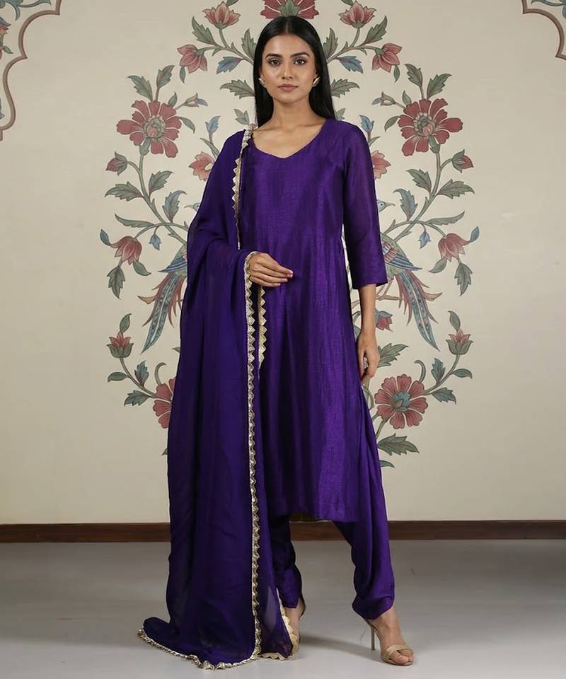 Purple vichitra silk dhoti kurta set