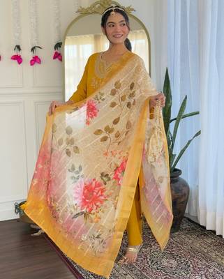 yellow viscose embroidered straight kurta with pant and dupatta set 3