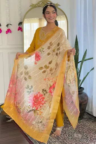 yellow viscose embroidered straight kurta with pant and dupatta set