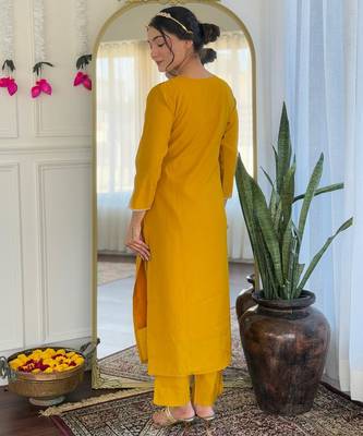 yellow viscose embroidered straight kurta with pant and dupatta set 4