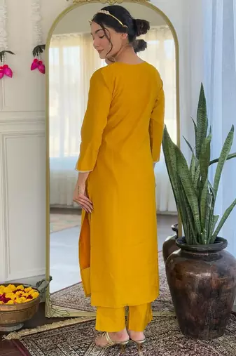 yellow viscose embroidered straight kurta with pant and dupatta set