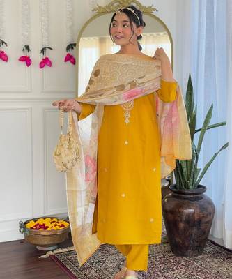 yellow viscose embroidered straight kurta with pant and dupatta set 5