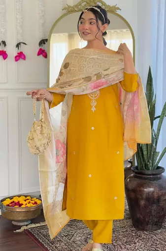 yellow viscose embroidered straight kurta with pant and dupatta set