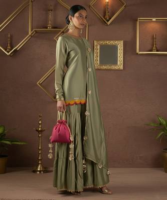 Olive green vichitra silk palazzo set 2