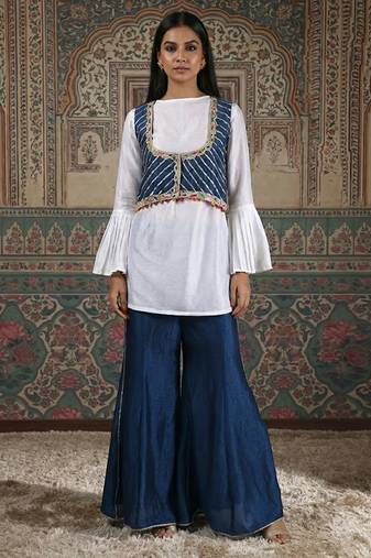 Blue & white vichitra silk jacket palazzo set