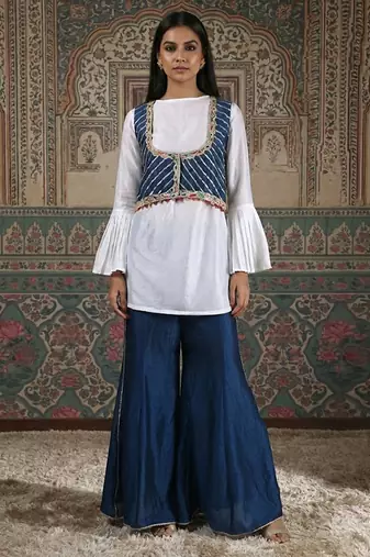 Blue & white vichitra silk jacket palazzo set