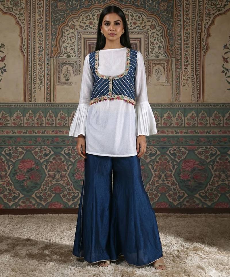 Blue & white vichitra silk jacket palazzo set