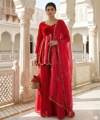 Red vichitra silk tie-up dress set 1
