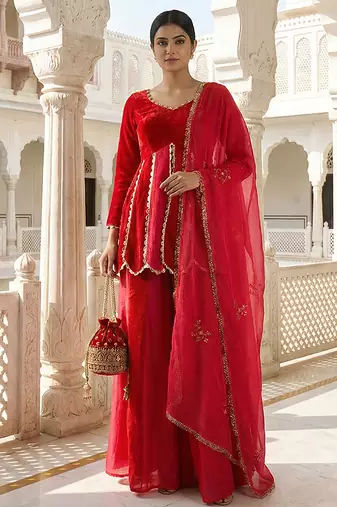 Red vichitra silk tie-up dress set