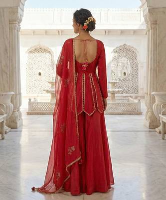 Red vichitra silk tie-up dress set 2