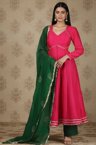 Pink vichitra silk anarkali set