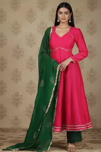 Pink vichitra silk anarkali set