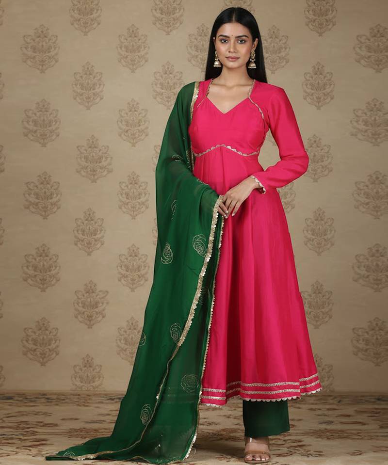 Pink vichitra silk anarkali set