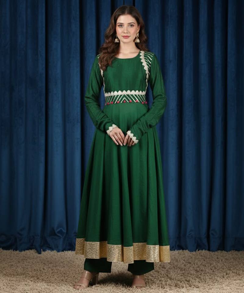Green vichitra silk anarkali set