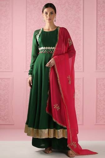 Green vichitra silk anarkali set
