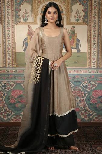 Beige & black vichitra anarkali set