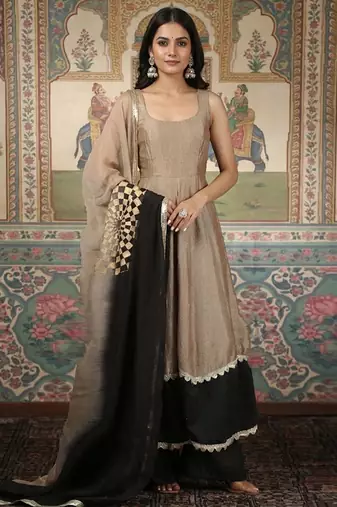 Beige & black vichitra anarkali set
