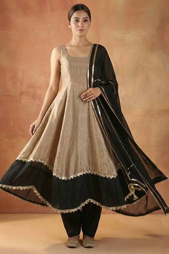 Beige & black vichitra silk anarkali set
