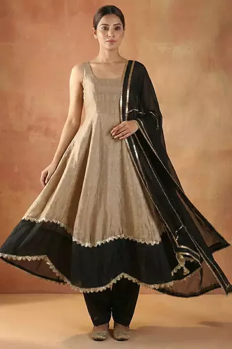 Beige & black vichitra silk anarkali set