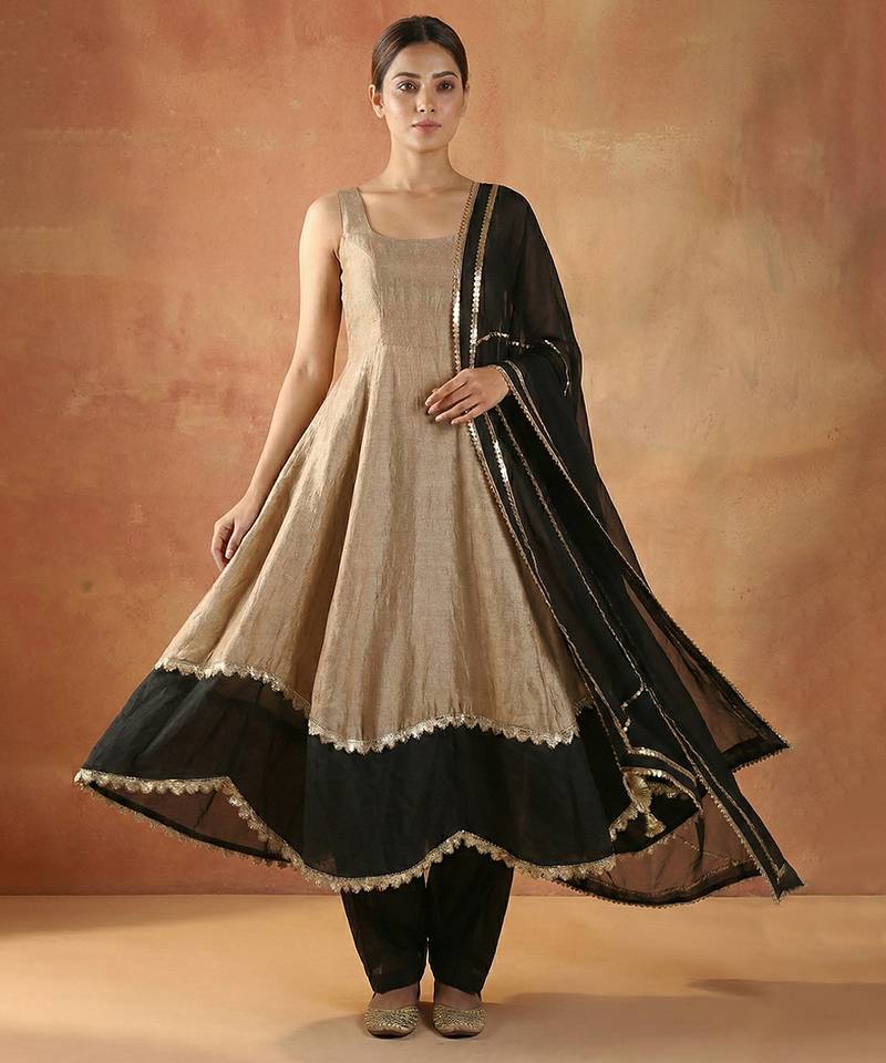 Beige & black vichitra silk anarkali set