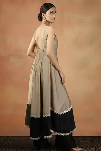 Beige & black vichitra silk anarkali set
