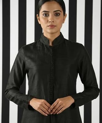 Black & beige vichitra silk jacket set 2