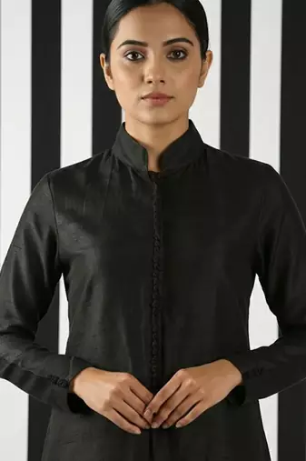 Black & beige vichitra silk jacket set