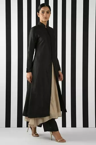 Black & beige vichitra silk jacket set