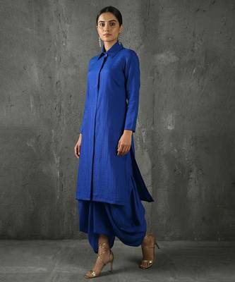 Blue vichitra silk cowl skirt set 1