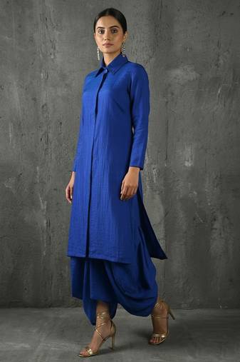 Blue vichitra silk cowl skirt set