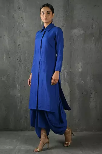 Blue vichitra silk cowl skirt set