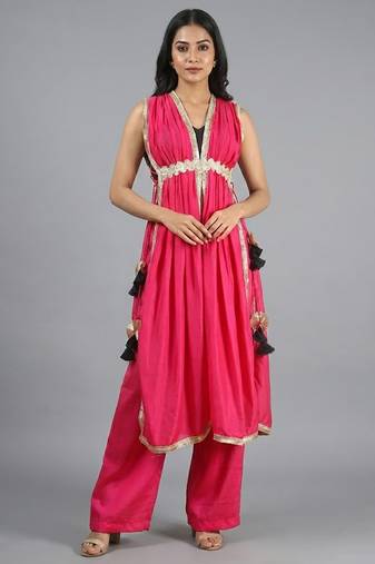 Pink vichitra silk fusion set