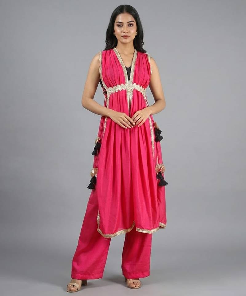 Pink vichitra silk fusion set