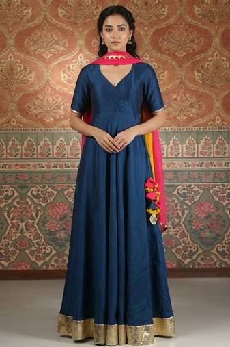 Blue vichitra silk anarkali pink dupatta