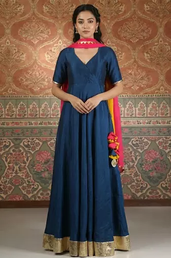 Blue vichitra silk anarkali pink dupatta