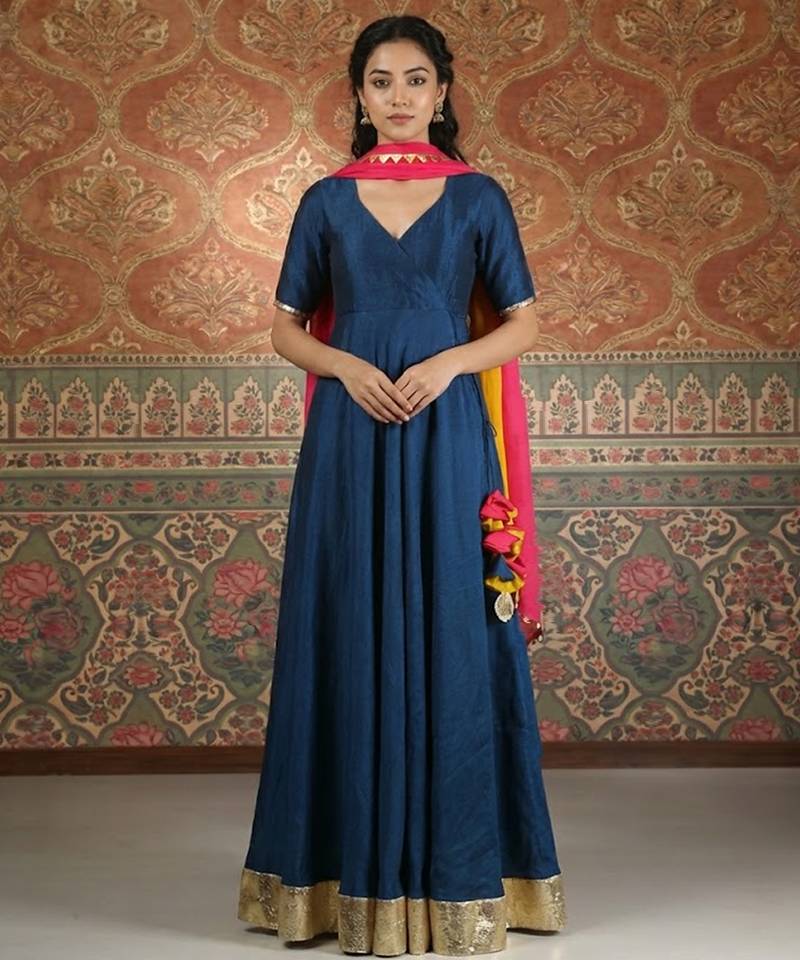 Blue vichitra silk anarkali pink dupatta