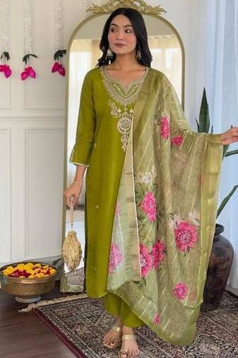 green viscose embroidered straight kurta with pant and dupatta set