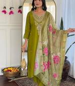 green viscose embroidered straight kurta with pant and dupatta set
