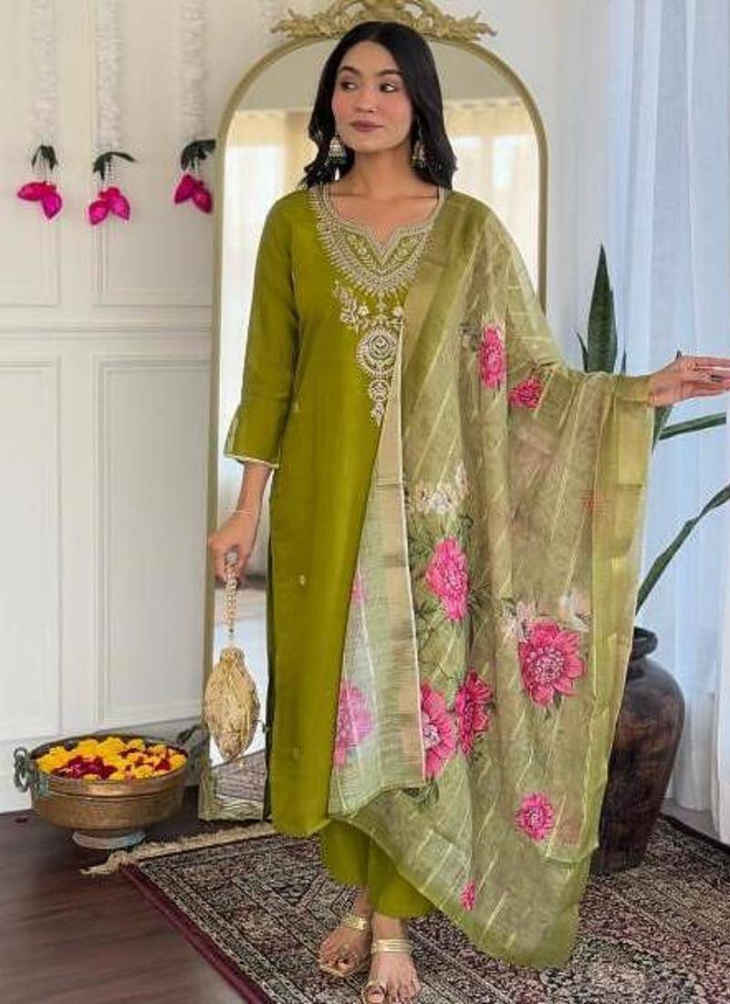 green viscose embroidered straight kurta with pant and dupatta set