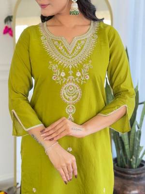 green viscose embroidered straight kurta with pant and dupatta set 2