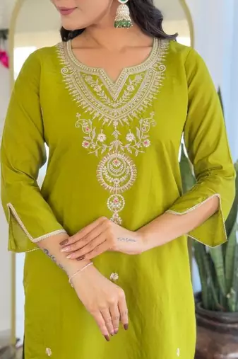 green viscose embroidered straight kurta with pant and dupatta set