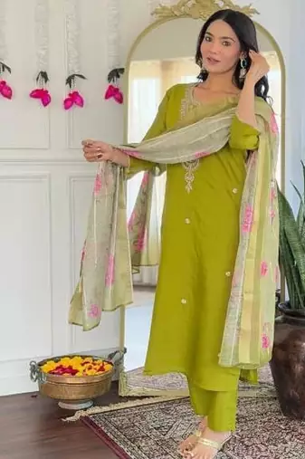 green viscose embroidered straight kurta with pant and dupatta set