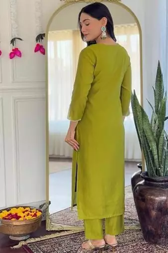 green viscose embroidered straight kurta with pant and dupatta set