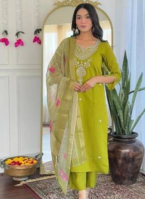 green viscose embroidered straight kurta with pant and dupatta set 5
