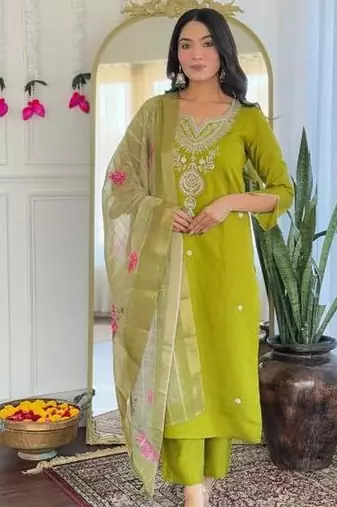 green viscose embroidered straight kurta with pant and dupatta set