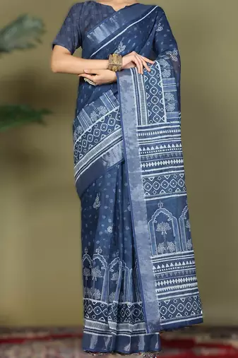 Navy blue astita tayari cotton saree with inner & pocket