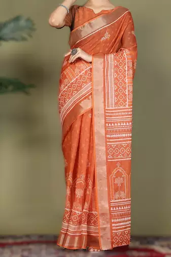 Orange astita tayari cotton saree with inner & pocket