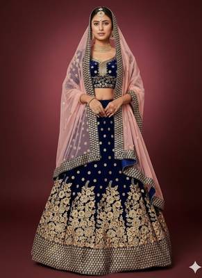 Navy-blue embroidered velvet semi stitched lehenga 1