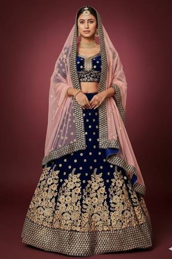 Navy-blue embroidered velvet semi stitched lehenga