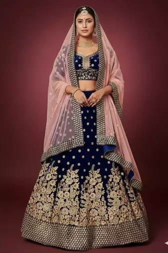 Navy-blue embroidered velvet semi stitched lehenga